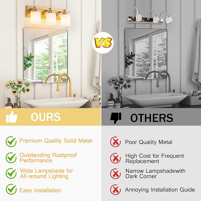 Modern Bathroom Light Fixtures Over Mirror, Vanity Lights for Bathroom Wall Sconces with Milky White Glass Shades, E26 Socket (Bulbs Not Included), 3 Light, Brass