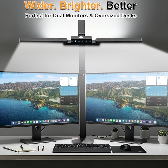 24W LED Desk Lamp with 2-in-1 Weighted Base & Clamp, 26.8" Dual Monitor Light Bar, Remote, Eye-Caring Red Light Beads, Stepless Dimming, Adjustable Architect Swing Arm for Home Office, Black | Weighted base option, remote control, eye-caring red beads,...