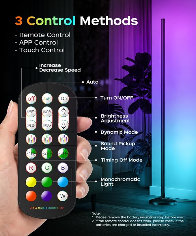 Corner Floor Lamp, Smart RGB LED Corner Lamp with Music Sync and 16M+ DIY Colors, Remote & App Control, Color Changing Ambient Lighting, Floor Lamps for Living Room, Bedroom and Party