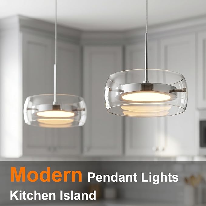 Modern Pendant Lights Kitchen Island, Dual-Sided LED 3-CCT Dimmable Glass Hanging Lighting Fixture, Adjustable Cable for Dining Room, Bar, Over Table, Sloped Ceiling Chrome Silver