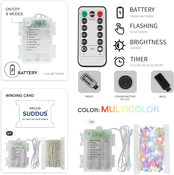 66ft 200 LED Outdoor String Lights, Multi Color Fairy Lights Battery Operated with Remote, Led Twinkle Lights for Bedroom, Backyard, Wedding, Tree, Mason Jar, Wall, Centerpiece, Christmas