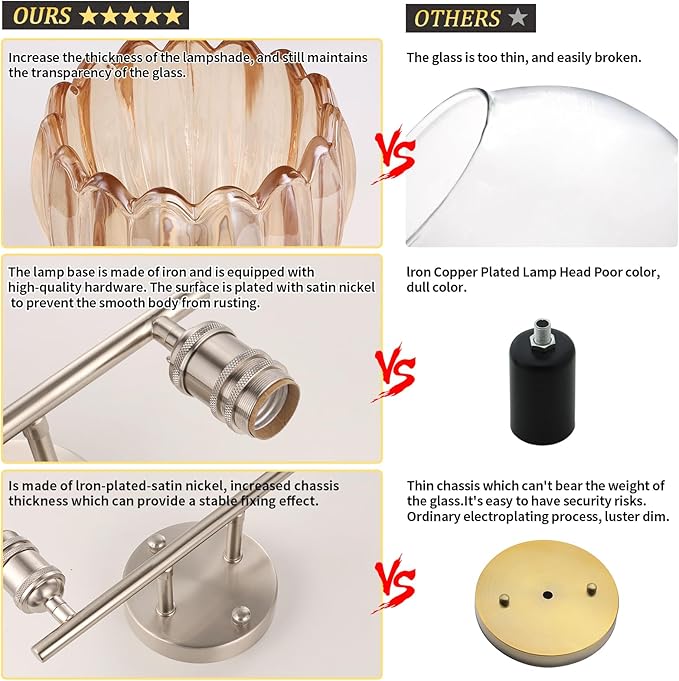 Bathroom Light Fixtures, 2-Light Vanity wall Light Over Mirror with Amber Tulip Glass Shade for Bedroom Living Room (Bulb Not Included), Satin Nickel