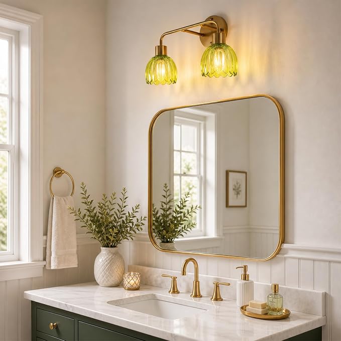 2-Light Gold Brass Bathroom Light Fixture,Wall Sconces,Brushed Gold Vanlity Light Over Mirror,Bathroom Vanity Light with Green Glass Flower Shade,E26 Socket(Bulbs Not Included)