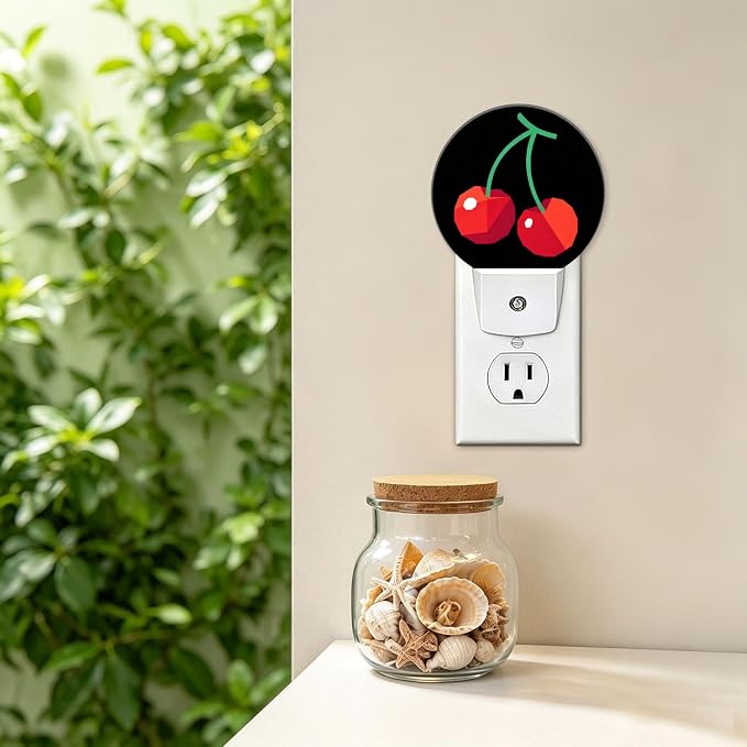 Nightlight Red Cherry Plug-in Night Lights Dusk to Dawn | Sweet Fruits Printed Night Light LED Round Lamp with Auto on/off Sensor for Kitchen Hallway Bedroom Bathroom