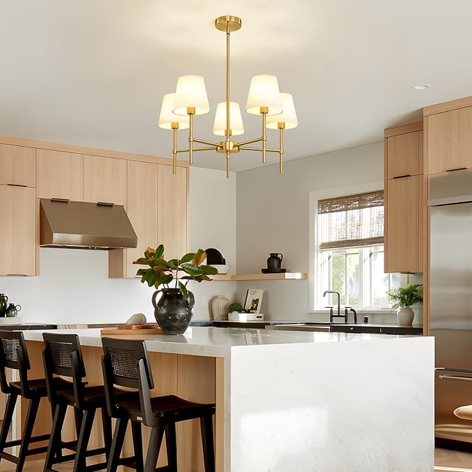 Dining Room Chandeliers Light - 5-Light Gold Modern Chandeliers Light Fixtures with White Fabric Shade, Height Adjustable Pendant Island Light for Entryway Farmhouse