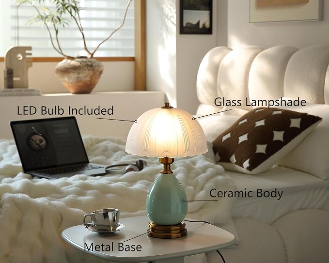 Glivpny Vintage Lamp for Living Room,16" Modern Ceramic Table Lamps for Bedroom,Retro Bedside Nightstand Traditional Lamps, Classic Chinoiserie Green Lamp for Home Decor (LD001) | Mid Century Modern Ceramic Lamps for Living Room,Retro Bedside Glass Lam...
