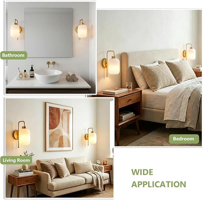 LAMSU Vintage Battery Operated Wall Sconces Set of 2, Wireless Wall Lights with Cream Glass Shade, Remote and Color Temperature Bulb, Gold Rechargeable Cordless Wall Lamps for Bedroom Living Room