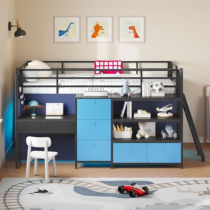 Low Loft Bed Twin Size with Desk, 6 Storage Drawers & Bookshelf, Kids Loft Bed with LED Lights & Under-Bed Play Space, Heavy Duty Metal Bed Frame with 13.8"H Safety Guardrail & Ladder, Blue and Black