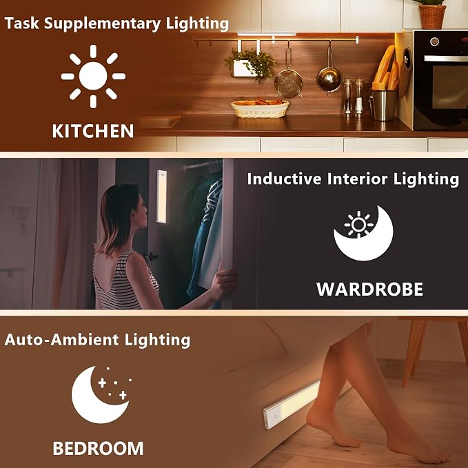 Bitrue Under Cabinet Lighting, 2Pack Rechargeable Magnetic Motion Sensor,Stepless Dimmable, 3 Color Temps, Wireless Lighting for Kitchen, Closet, Staircase (Silver, 2Pack-8inch)