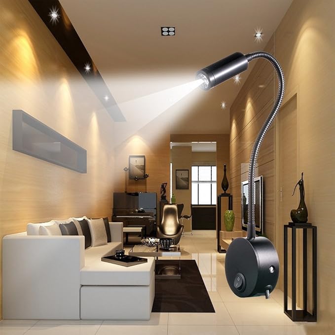 3W Wall Mounted Reading Light Flexible Gooseneck LED Sconce Lamp with Plug & Switch for Bedroom, Office, Workbench, Studio (01 Black Cool)