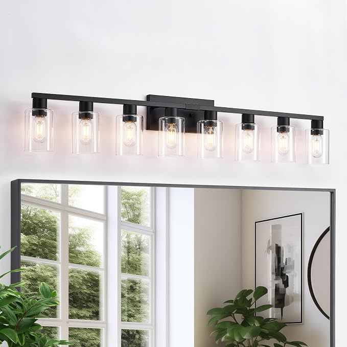 8 Light Bathroom Vanity Light Black Vanity Light Fixtures Bathroom Lights Fixtures Over Mirror Large Wall Lights with Clear Glass Shade for Bedroom Living Room Makeup