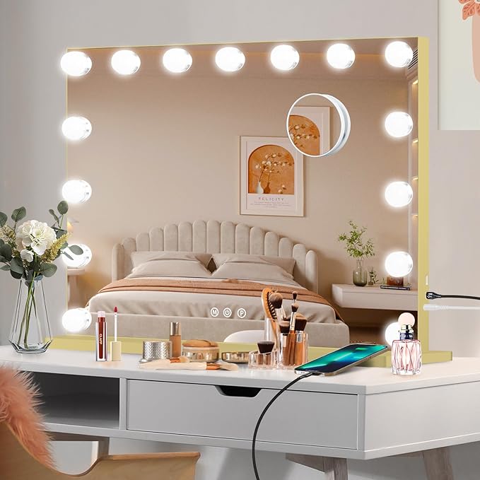 Moonee Gold Vanity Mirror with Lights, Hollywood Lighted Makeup Mirror with 15 Dimmable Bulbs and 10X Magnification, 3 Colors Modes, Aluminum Metal Frame, Light Up Mirror for Tabletop/Wall(23" x 18")