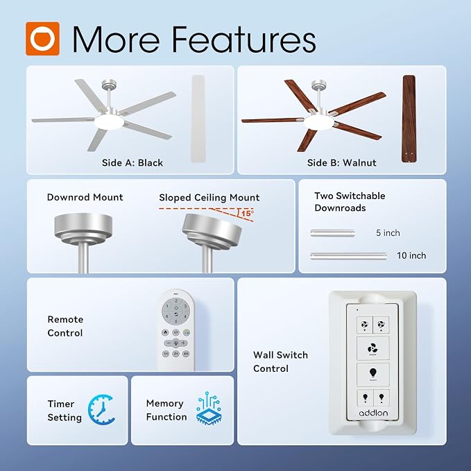 addlon 60 Inch Ceiling Fans with Lights and Remote Control, Wall Switch | Reversible DC motor, 6-speed, Timer, 3CCT Dimmable, Quiet, Silver Ceiling Fan for Bedroom, Living Room, Indoor/Outdoor Use