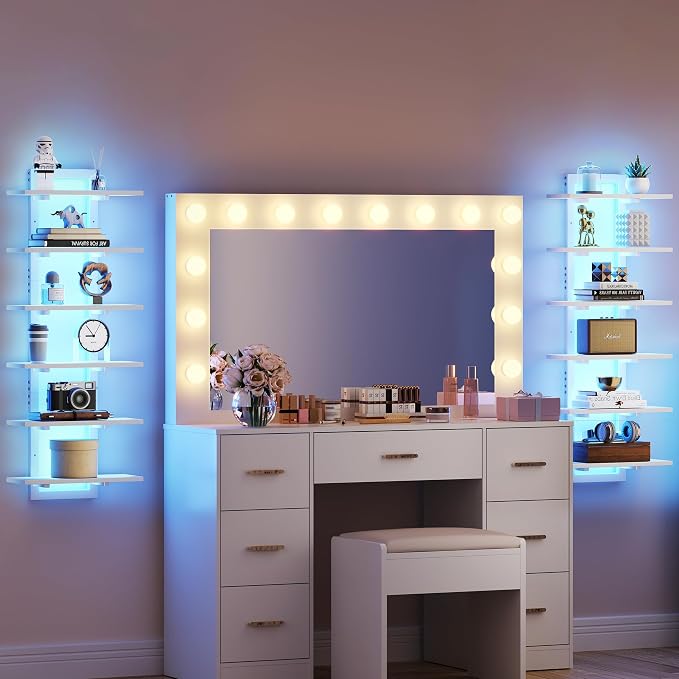 6 Tier Wall Shelf Unit Floating Shelves with LED Light, Vertical Wall Shelf, Wall Mounted Display Shelf for Living Room, Bedroom, Vanity, 15" W x 5.9" D x 43.3" H, White