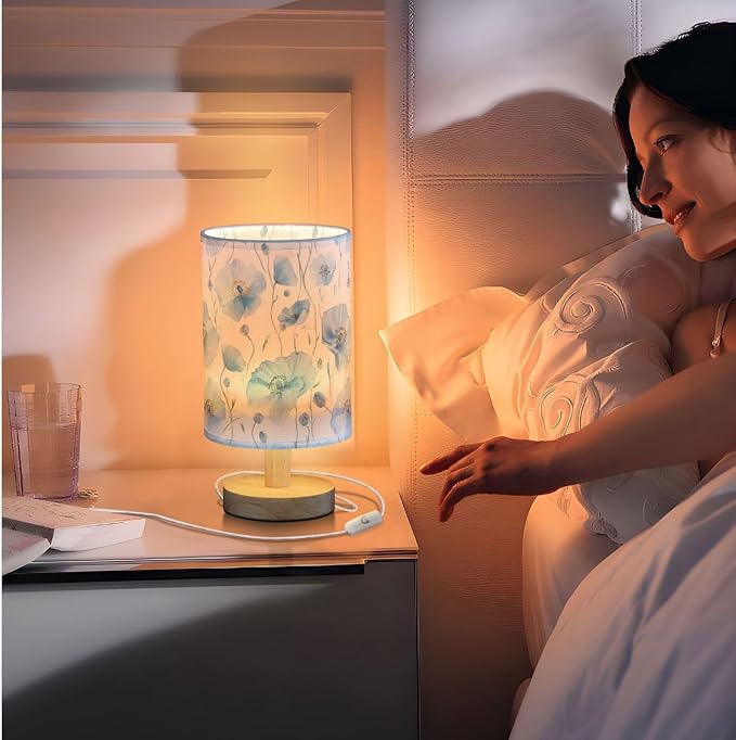 Light Blue Poppy Flowers Blue and White Bedside Table Lamps with USB Port for Bedroom Lamp Accent Table Lamp Small Nightstand Lamp Sturdy Linen Shade Wooden Decorative Lamps for Office Dorm Home