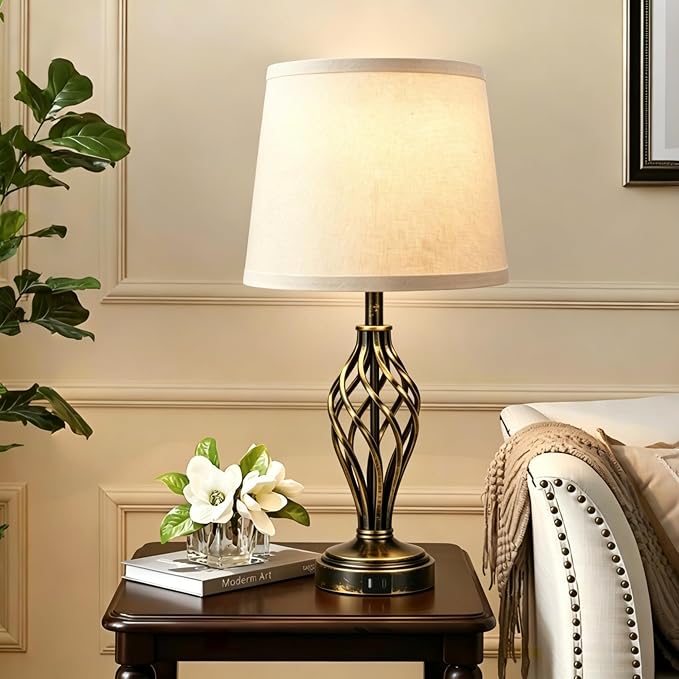 Ruiever Touch Table Lamps Set of 2, nightstand lamp with USB Ports Bedside 3 Way Touch dimmer Desk lamp for Living Room Bedroom,Gold and Black Brushed Spiral Cage Warm White Dimmer LED Bulb Included.