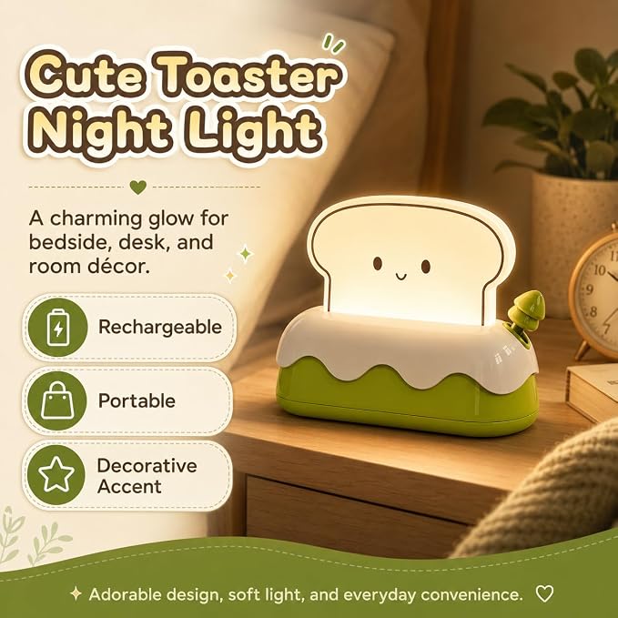 L LOHAS LED Cute Toaster Night Lights for Kids, Kawaii Stuff Bread Desk Lamp with Smile Face, Rechargeable Desk Decor for Bedroom, Besides, Dinning, Nursery Night Light for Kids, Boys, Girls, Gifts