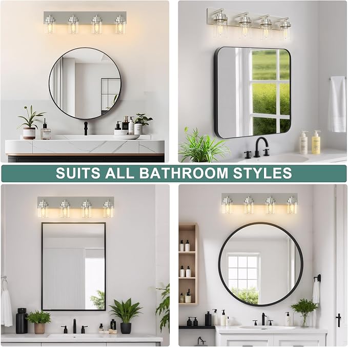 IZORRO Bathroom Vanity Light Fixture, 4-Light 30 Inch Brushed Nickel Bathroom Light Fixtures Over Mirror, with Clear Glass Shade, Modern Farmhouse Vanity Lights, Rustic Restroom Lighting Fixtures