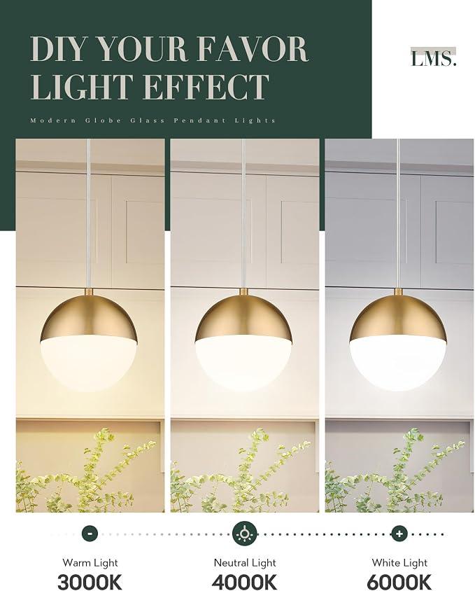 Mid Century Pendant Lights, Brushed Gold Kitchen Island Light Fixtures with White Globe Glass Shade, Adjustable Hanging Cord, 2-Pack for Home Office Dining Room Bathroom, LMS-186PL-BGWS2PK