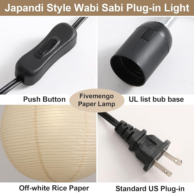 20in Paper Lanterns Plug in Hanging Lamp Off-White 19.7FT Cord | Rice Paper Lamp Lantern Pendant Light Large Globe Japanese Japandi Wabi Sabi Chandelier for Dining Living Room Bedroom 2 Pack