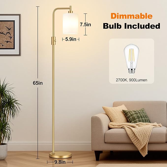 【Upgraded】 Dimmable Floor Lamp for Living Room with Opal Glass Lamphade, Gold Modern Glass Floor Lamp with 900LM LED Bulb Included, Arc Standing Tall Lamp for Bedroom, Office, Reading Room, Corner