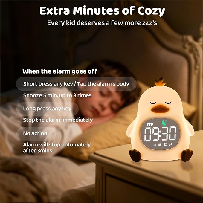 Sleepy Duck Alarm Clock with Night Light for Kids with Sleep Training and Sound Machine, Rechargeable Silicone Lamp OK to Wake Clock,Cute Animal Tabletop Lamp, Perfect Sleep Companion for Boys Girls