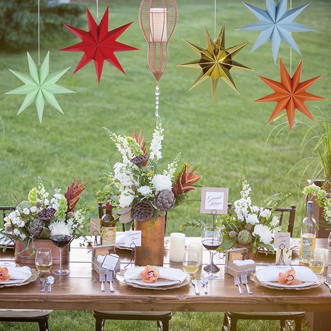 5Pack 9-Pointed Paper Star Lantern 11.8 inch Hanging Paper Lampshade for Winter Wonderland Xmas Day Decoration Wedding Birthday Party Home Decor (Multi-Colored)
