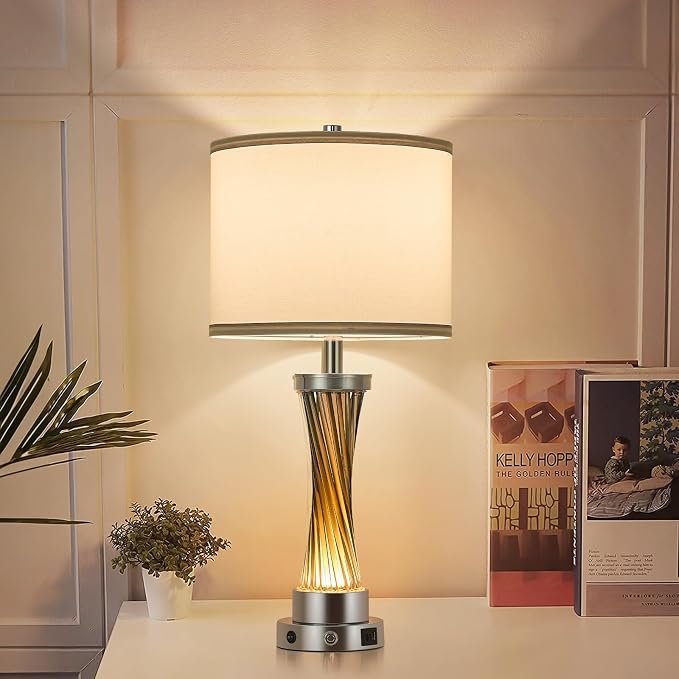 3-Way Dimmable Table Lamp Set of 2,Touch Control Lamp with Night Light,Modern Crystal Table Lamps for Bedroom,Living Room,Bedside Lamps with USB A+C Ports,Fabric Lampshade(Blubs Included)