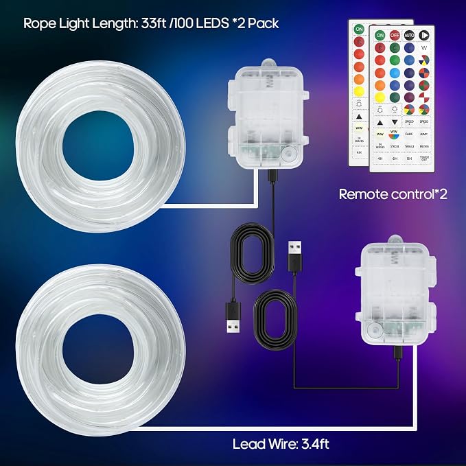 Rope Lights for Outside 66FT 200 LED RGB Battery Operated String Lights | 24 Colors RGB, Color Changing, Waterproof, Remote, String Light Outdoor for Christmas Halloween Party Holiday Wedding Decor