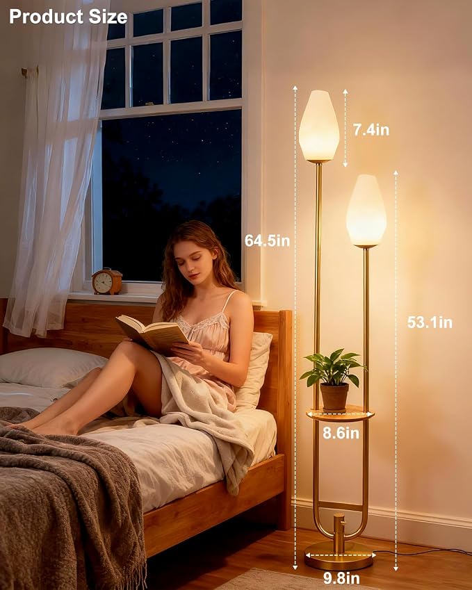 Lightdot 63IN Gold Floor Lamp with Shelf Mid Century Tall Standing Lamps with Rock-Shaped Bulb Included Modern Floor Lamp with 5Lbs Heavy Base for Living Room/Party/Sofa Beside/Corner Decor