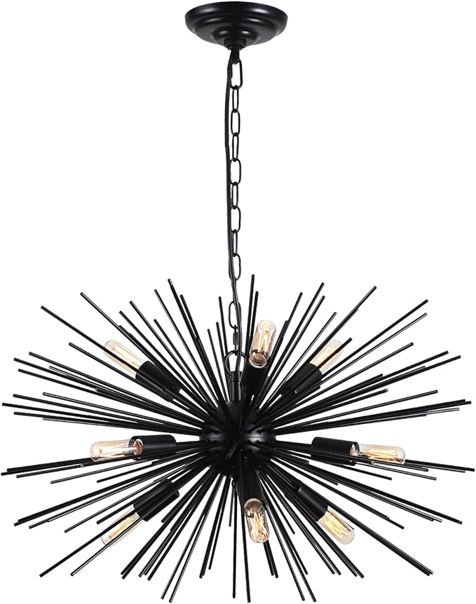 24in Black Sputnik Chandelier Light Fixture Over Table Modern 9-Lights Starburst Chandelier Solid Metal Satellite Sputnik Light Fixture for Dining Room, Kitchen Island, Bedroom,Foyer,Entryway