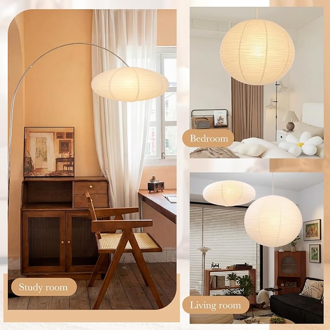 Nuanchu 2 Pack 24" Large Hanging Paper Lampshade Set Round and Oval White Lanterns Pendant Ceiling Light Shade with 20ft Cord and Hooks Chinese Foldable Light Covers for Dining Room Home Decor