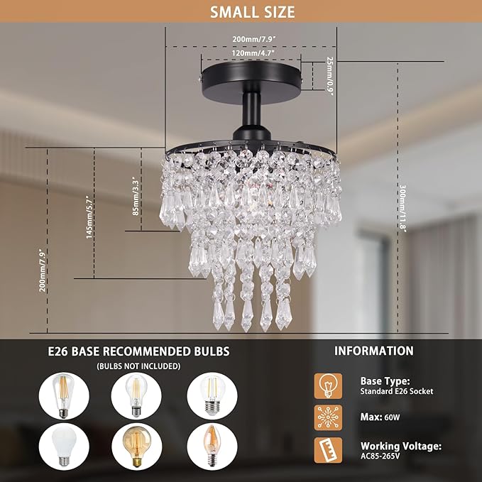 FRIXCHUR Small Crystal Chandelier Flush Mount Ceiling Light 3 Tiers Raindrops Crystal Chandeliers for Bedroom Hallway Foyer Living Room Entryway Closet,Black