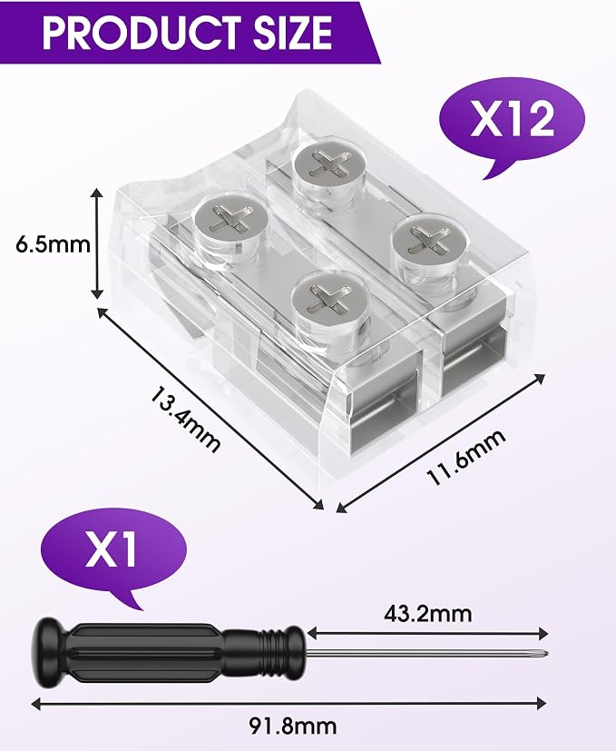 HitLights 2 Pin 10mm LED Connector Solderless 12 Pack for LED Light Strips | Strip-to-Wire, Transparent, with Screwdriver, Work with 5V/12V/24V SMD COB LED Single Color LED Strip and 14-20 AWG Wires