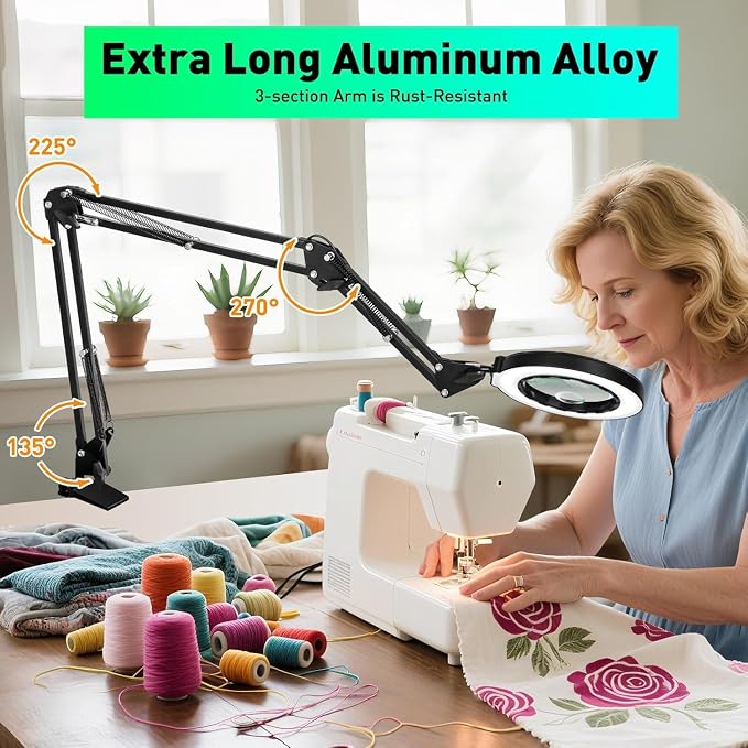 12X 30X Magnifying Glass with Light and Clamp, Soldering Helping Hand | 3-Section Swing Arm Hands-Free Workbench Lighted Magnifier, 5 Color Stepless Dimming, LED Desk Lamp for Craft Hobby Painting