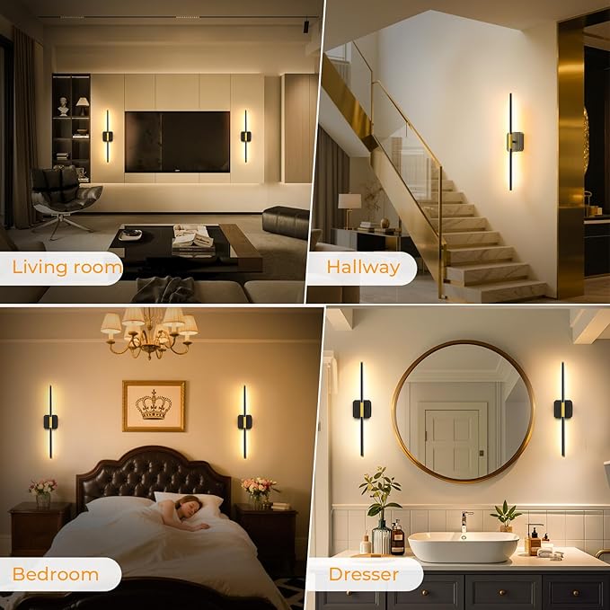 Battery Operated Wall Sconce Detachable 360°Rotate, Wireless Wall Lamp 3000-6500K Dimmable, 10000mAh Rechargeable Wall Light for Bedroom, Living Room,28.3" Black Gold 4 Pack