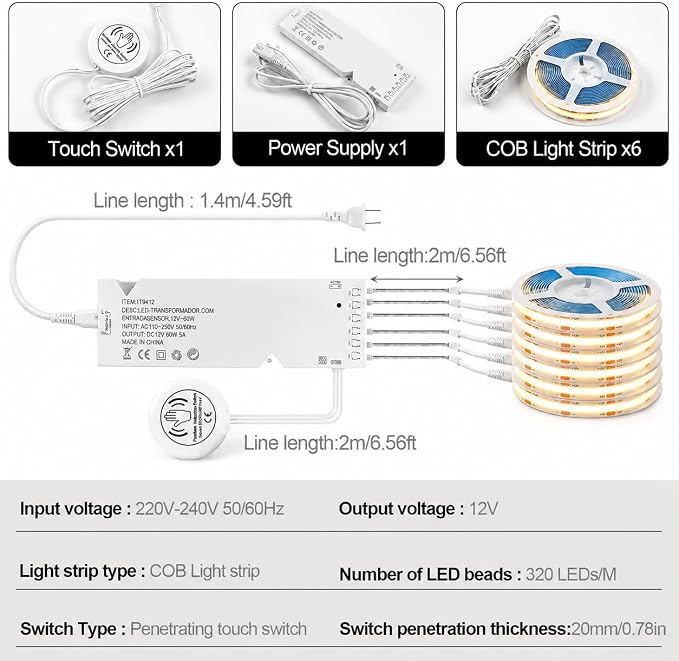 COB LED Strip Lights, 12V Cabinet Light 6Pcs 6.56FT, 3000K Cuttable DIY LED Strip with Hide Touch and Hand Sweep Dimmer Switch Kit for Cabinet Showcase Kitchen Acoustic Panel Decoration Shelf Lighting