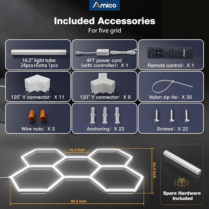 Amico Hexagon Garage Lights Dimmable & Tunable, 5 Hex Grid, Remote & Timer | 10-100% Stepless Dimming, 3500K-6500K Adjustable, 192W 21000LM Honeycomb LED Ceiling Lights for Garage Workshop Car Detailing