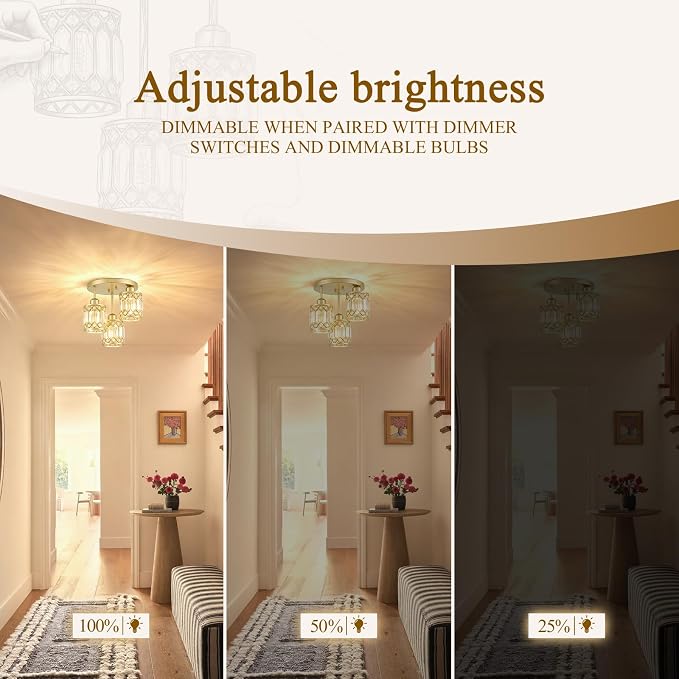 Gold Crystal Ceiling Light Fixture, 3-Light, E26 | Modern Semi Flush Mount Ceiling Light, Kitchen Lighting Fixtures Ceiling for Hallway Bedroom Bathroom Laundry Room