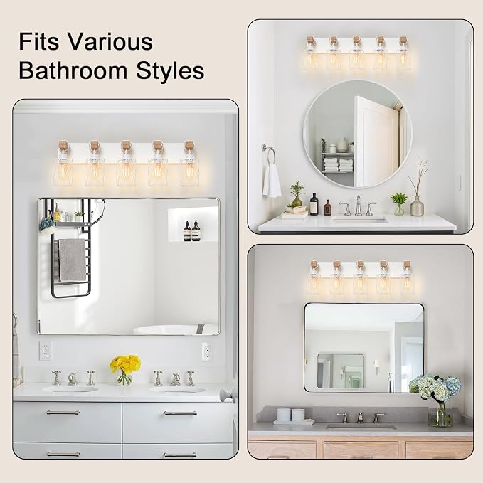 IZORRO Farmhouse Bathroom Vanity Light, 5-Light Wood Bathroom Light Fixtures Over Mirror, Matte White Industrial Vanity Lights with Metal Shade, Rustic Restroom Lighting Fixtures