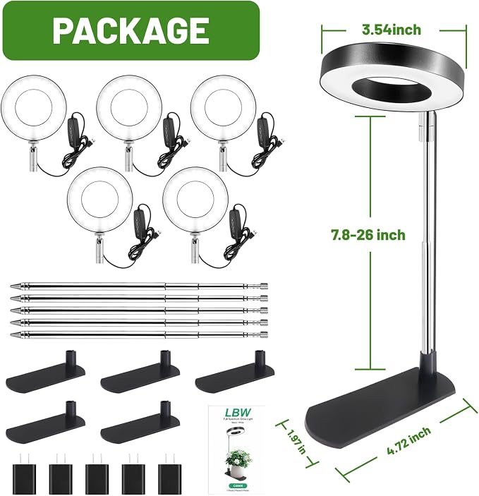 LBW Grow Lights for Indoor Plants, Full Spectrum Halo Grow Light with Base | 48 LEDs Plant Lamp for Small Plant, Base/Soil Stake, 7.8-26" Adjustable, 6/8/12/16H Timer, 3 Color Mode, 5 Brightness, 5 pack