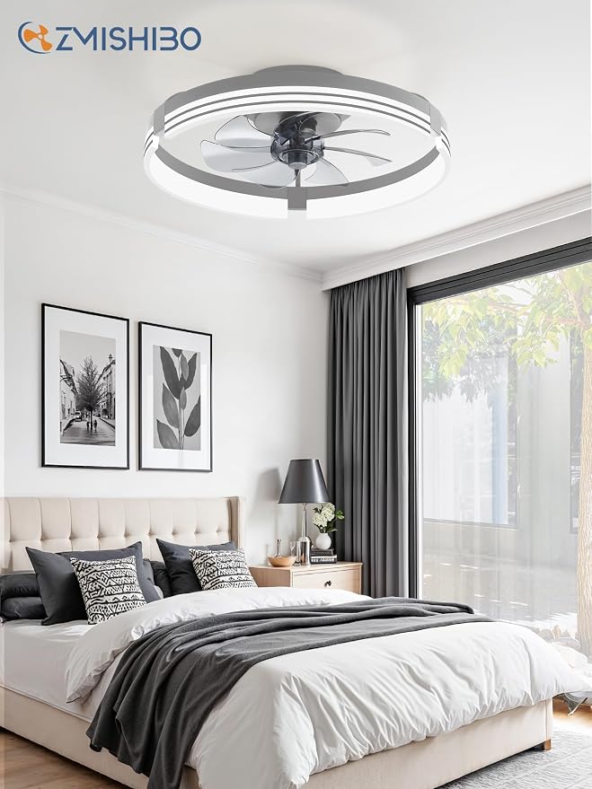 ZMISHIBO Low Profile Ceiling Fans with Lights and Remote, 20" Grey | 3000K-6000K Dimmable Fandelier LED, Flush Mount, 6 Wind Speeds, Reversible, Timer, Bedroom, Living Room, Kitchen, Kids Room