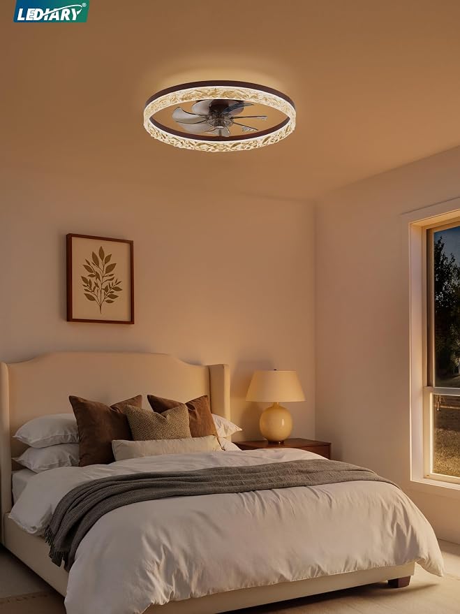 LEDIARY 20" Modern Ceiling Fans with Lights and Remote, Dimmable Low Profile Ceiling Fan, Flush Mount Ceiling Fan, Stepless Color Temperature Change and 6 Speeds - Brown | Fandelier, Dimmable Low Profile, Flush Mount, Stepless Color Temperature Change,...
