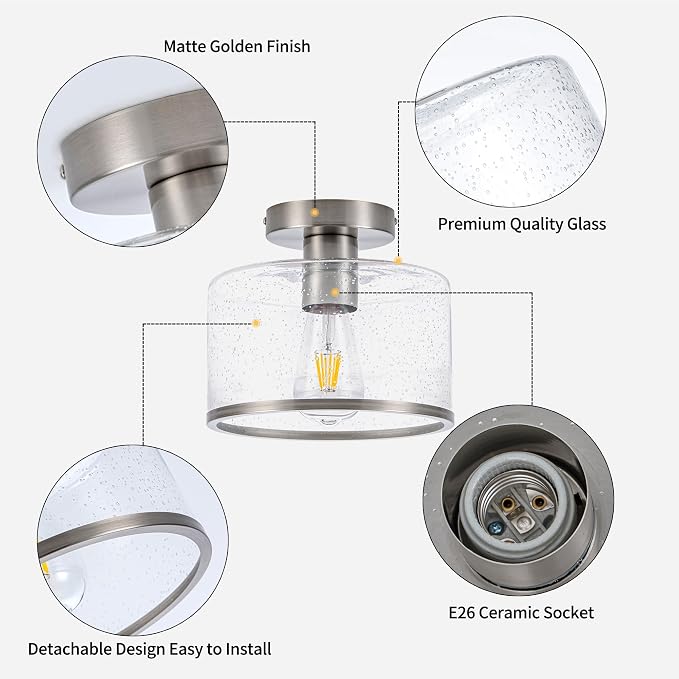 Zlepmlla Modern Flush Mount Ceiling Light, Seeded Glass Ceiling Light Fixture, Nickel Light Fixture for Hallway, Bedroom, Entryway, Kitchen,Living Room