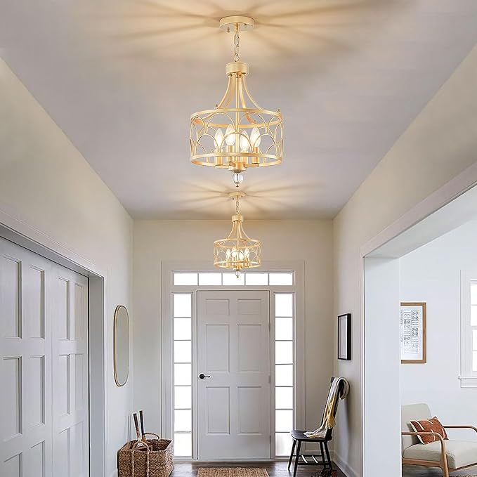4-Light Gold Chandelier,12.6in Farmhouse Lantern Pendant Light Fixture,Adjustable Hanging Ceiling Lamp with E12 Socket,for Kitchen Island,Bedroom,Entryway,Dining Room