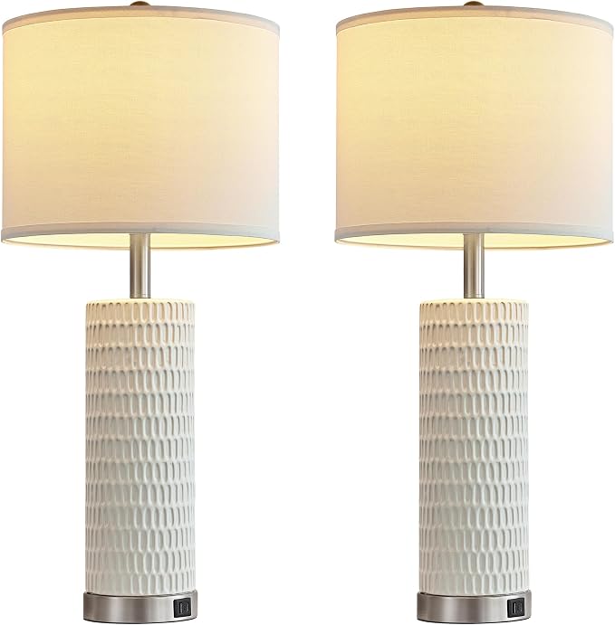 Reaketon 26.5" Ceramic Table Lamp Set of 2, 3 Way Dimmable Touch Control Table Lamp with 2 USB Charging Ports for Bedroom Living Room, Modern Nightstand Lamp End Table Lamps, Bulbs Included