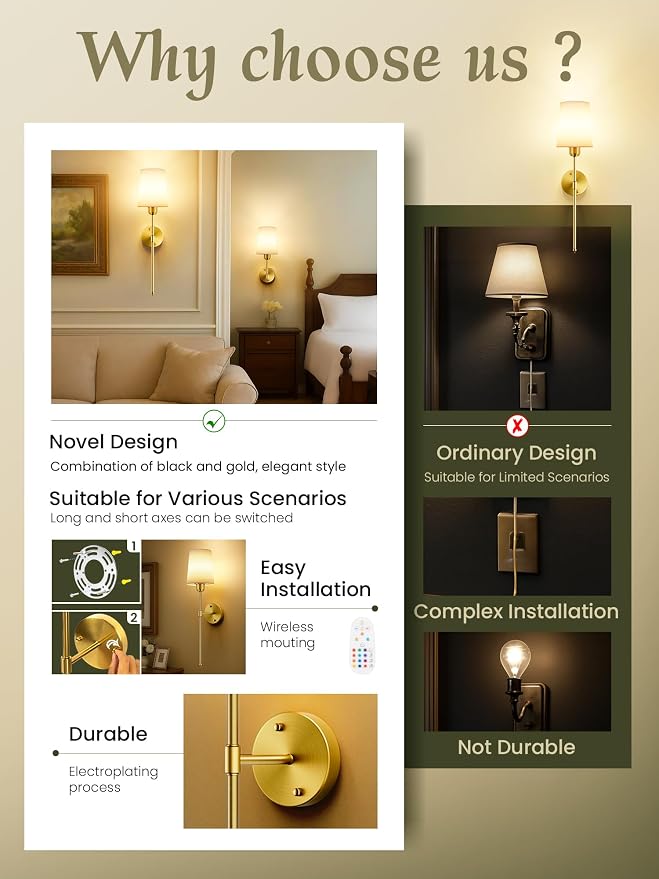 Battery Operated Wall Sconces Set of 2, Bronze, Dimmable & 15 RGB, 23 Inch | Renter Friendly, Rechargeable Magnetic Bulbs, Remote Control, LED Cordless Wall Lights for Living Room, Bedroom, Hallway
