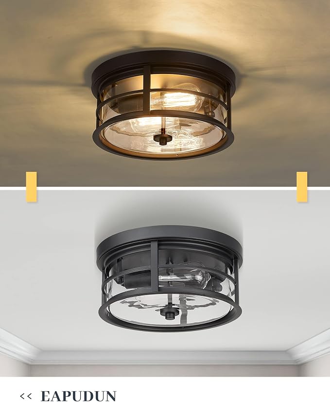 EAPUDUN Flush Mount Ceiling Light, 12inch 2-Light Metal Close to Ceiling Light Fixture, Matte Black Finish with Clear Glass Shade for Hallway Entryway Bedroom Porch FMA1412-MBK
