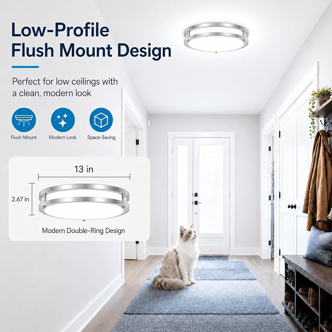 13in 36W Dimmable LED Ceiling Lights, 2-Pack 3600lm Super Bright Energy-Efficient Flush Mount Light Fixture, 2700K-6500K 5CCT Adjustable Modern Lamp for Bathroom Bedroom Kitchen Hallway Brushed Nickel