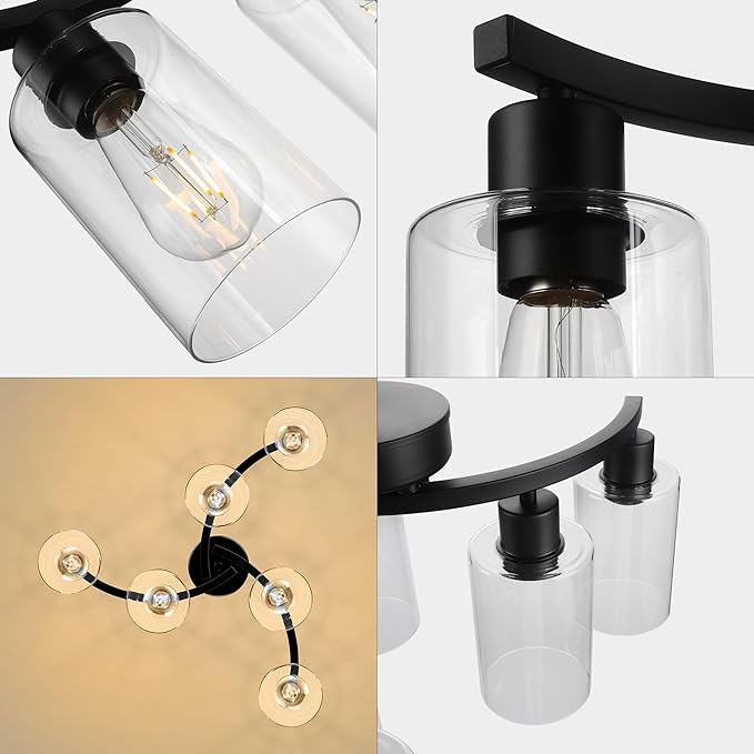 6-Light Modern Farmhouse Black Chandelier, Contemporary Dining Room Light Fixture, Adjustable Height Hanging Industrial Pendant Lights Kitchen Island, Clear Glass Shade